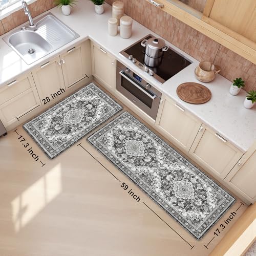 Boho Kitchen Mats for Floor 2PC Anti Fatigue Kitchen Rugs, Dark Grey - Image 2