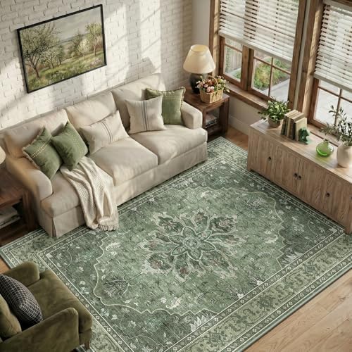 RELEANY Washable Area Rug, 6'x8', Green/Dark Green/Gray by RELEANY