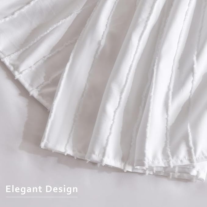MIYE Striped Tufted Bed Skirt - Wrap Around Dust Ruffle with Elastic Belts - 15 Inch Drop Easy to Put On - Bedskirt Machine Washable ＆ Wrinkle Resistant(Striped/White, King/Queen-15 Drop)
