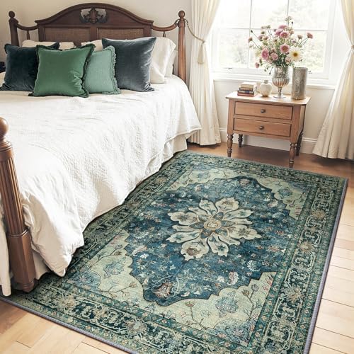 RELEANY Washable Area Rug, 4'x5', Blue/Vintage Dark Blue by RELEANY