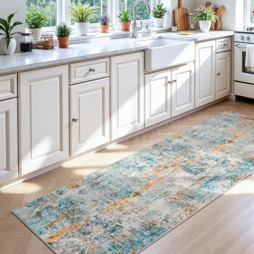 3x8 Blue Rug Runners for Hallways Kitchen Runner Rug Non Slip Washable Black Long Runner Rugs with Rubber Backing Soft Abstract Carpet Runner for Bedroom, Kitchen, Bathroom, Entryway - Image 4