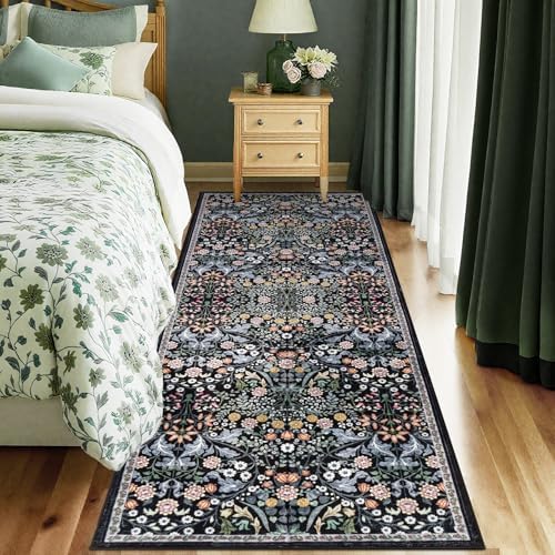 PLHXFR 2.6x8 Washable Runner Rug：Floral Indoor Kitchen Carpet Dark Black - Image 2