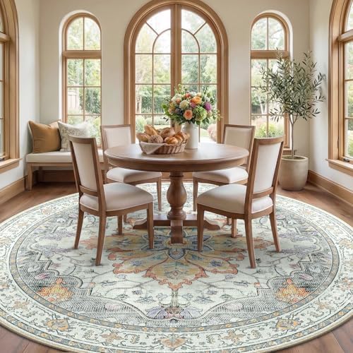 RELEANY Washable Area Rug, Round 8ft, Beige/Carbon Grey/Orange - Image 2
