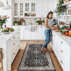 3x6 Kitchen Runner Rug Non Slip Washable - Soft Low Pile Stain-Resistant Wide Carpet Runner for Hallway Entryway Bedroom Bathroom with Rubber Backing - Boho Floral Door Mat(Black,3x6) - Image 3