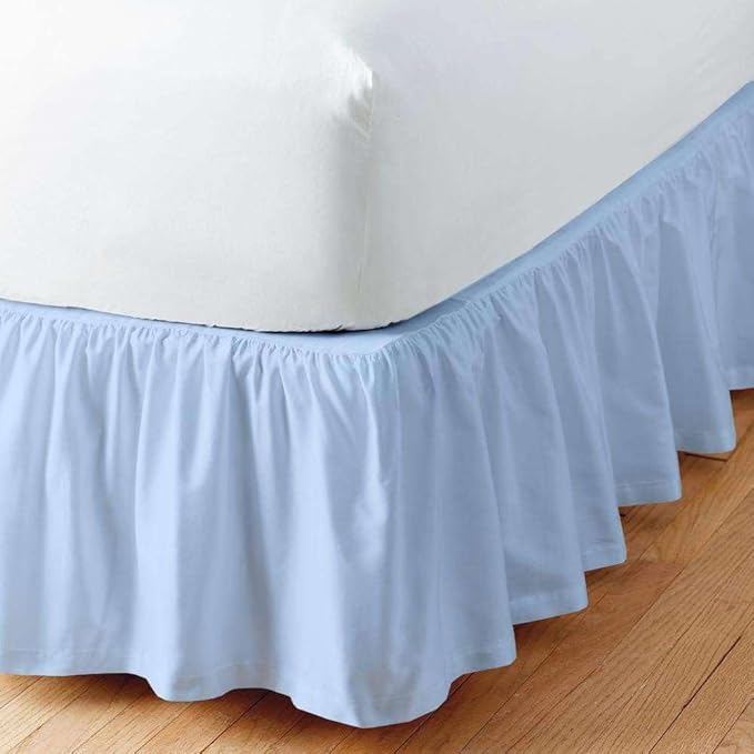 Light Blue Solid Ruffled Bed Skirt Short Queen-26 Inch Drop Split Corner, Microfiber Bedskirt with Platform Three Sided Coverage