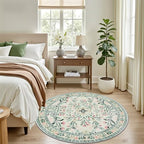 PLHXFR Round Area Rug Living Room: 4 ft Floral Washable Carpet Green Beige - Image 3