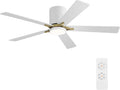 WINGBO 48" DC Flush Mount Ceiling Fan with Lights, 5 Plywood Blades, 6-Speed Reversible DC Motor, 3CCT, Low Profile Hugger Ceiling Fan for Living Room Bedroom Kitchen, White and Brass