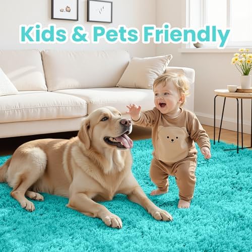 8x10 Fluffy Shag Area Rugs for Living Room Bedroom: Soft Carpet Teal Blue - Image 4