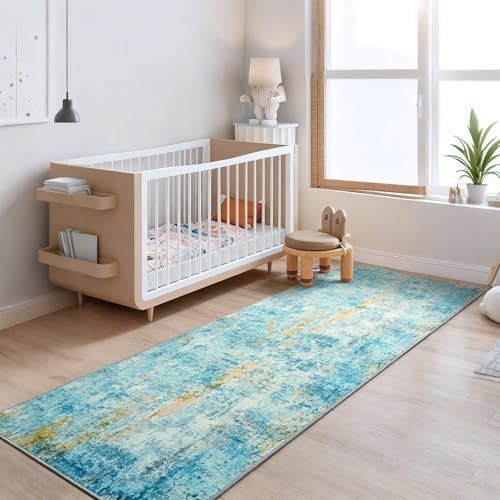 Runner Rug for Kitchen Teal Blue Hallways Runner Rug Non Slip 2'6''x8' Washable Long Runner Rugs with Rubber Backing Soft Abstract Carpet Runner for Entryway, Kitchen, Bedroom, Bathroom - Image 4