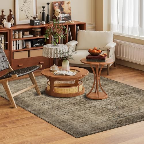Washable Area Rug 6' x 9' Vintage Traditional Persian Mat - Foldable Distressed Non-Slip Machine Washable Carpet for Living Room Bedroom Kitchen Home Decor - Mocha and Taupe - Image 2