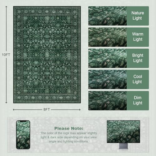 8x10 Area Rugs Living Room: Washable Rug for Bedroom Deep Green - Image 2