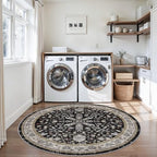 6ft Round Kitchen Rug Washable - Non-Slip Soft Low Pile Circle Area Rug for Under Table Living Room Dining Room Bedroom – Boho Floral Circular Floor Indoor Carpe (Black,6x6) - Image 5
