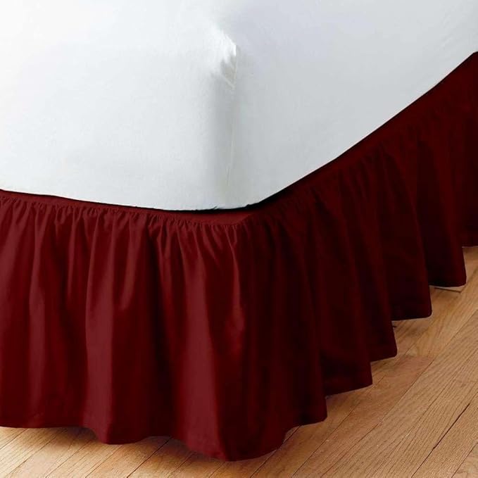 Burgundy Solid Ruffled Bed Skirt Twin-XL-15 Inch Drop Split Corner, Microfiber Bedskirt with Platform Three Sided Coverage