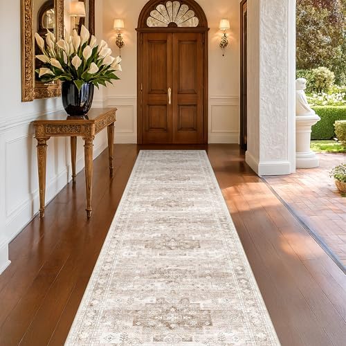 Hazo Haus Washable 3x12 Long Runner Rug for Hallway, Boho Waterproof Large Kitchen Floor Rug, Non-Slip Stain & Fade Resistant, Vintage Beige Floral Décor (3x12 Beige/Latte) by HazoHaus
