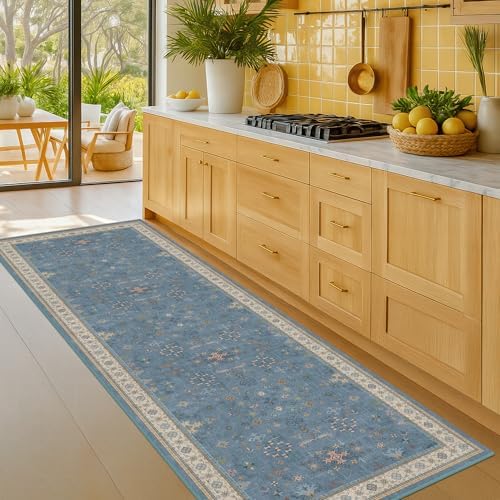 Hazo Haus Boho 2x6 Non Slip Kitchen Rug Runner - Light Blue Washable Rug for Bathroom, Laundry Room, Hallway, Non Slip with Rubber Backing, Floral Eclectic Unique Runner Décor by HazoHaus