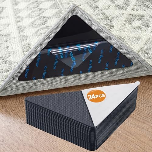 24 Pcs Rug Tape,Anti Slip Rug Pads Grippers for Hardwood Floors and Tiles,with Strong Adhesive Grid Backing -No Residue,Reusable Carpet Tape, Double-Sided Adhesive Rug Stickers by Tiergrade