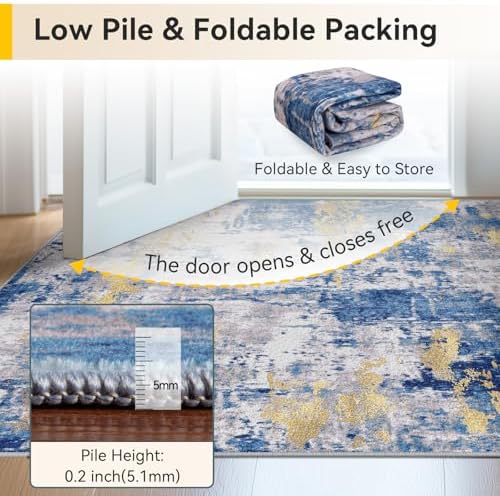 RELEANY Washable 5'x8' Abstract Area Rug for Living Room Blue Gold - Image 7