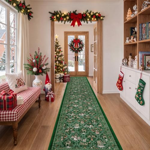 2x10 Christmas Runner Rug for Hallway,Washable Kitchen Rugs,Green by Restydon