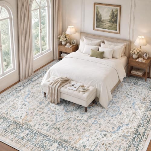 SameBed 9x12 Area Rug Living Room, Vintage Washable Carpet Grey Blue - Image 2