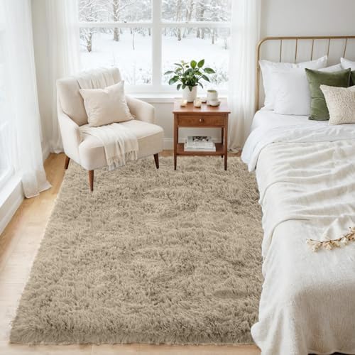 4x6 Fluffy Shag Area Rugs for Living Room Bedroom: Soft Carpet Gray Camel - Image 3