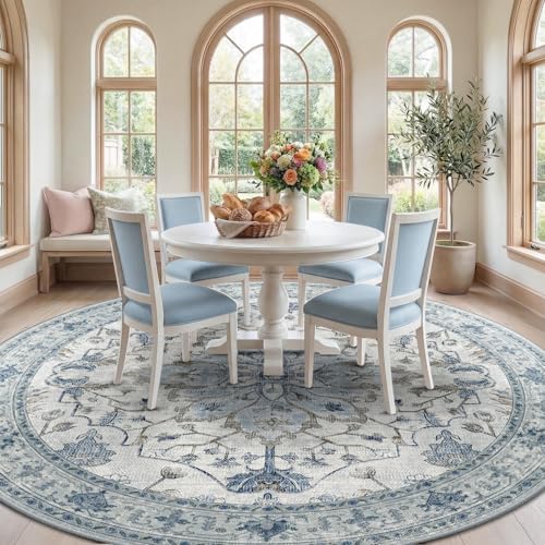 RELEANY Washable Area Rug, Round 8ft, Blue/White/Gray - Image 2