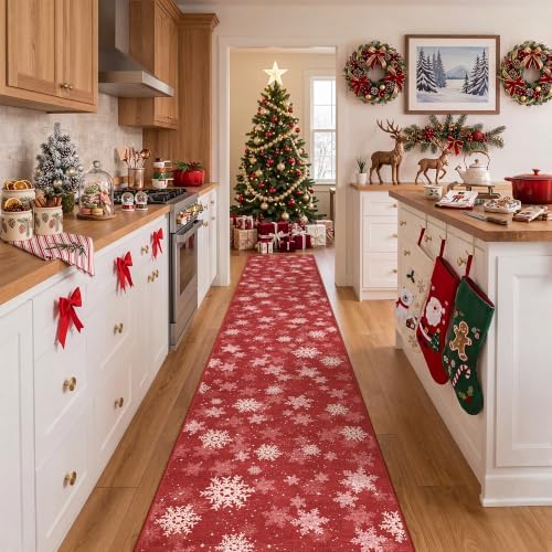2x12 Christmas Runner Rug for Hallway,Washable Kitchen Rugs,Red by Restydon