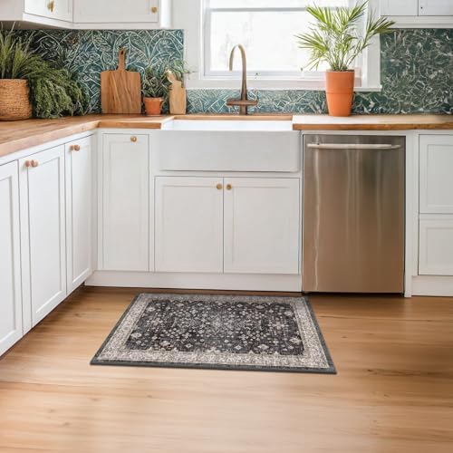 Black Washable 2x3 Entry Rug, Small Rugs for Entryway Kitchen Bathroom Door Mat Indoor Entrance, Non Slip Rubber Backing, Stain & Fade Resistant, Ashen Charcoal Floral Farmhouse Decor - Image 3