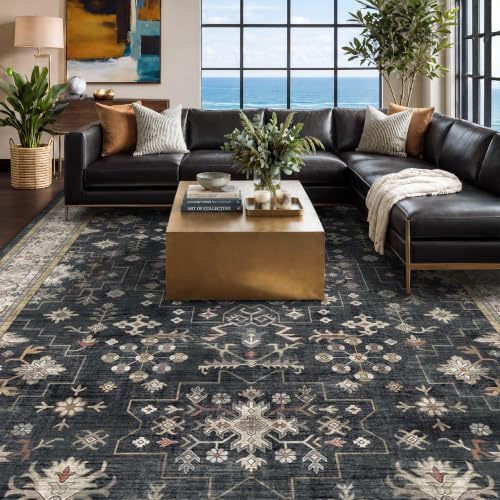 Hazo Haus Boho Dining Room Rugs for Under Table - 7x9 Washable Black Area Rug for Living Room, Low Pile Non-Slip Rugs for Bedroom Under Bed - Charming Farmhouse Decor & Stain Resistance - Black/Multi - Image 3