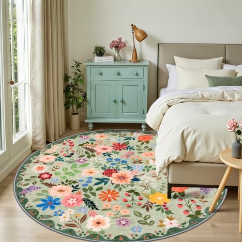 PLHXFR Round Area Rug Living Room: 8 ft Floral Washable Soft Carpet Green - Image 2