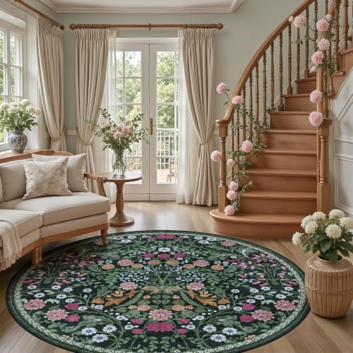 PLHXFR Round Area Rug Living Room: 8 ft Floral Washable Carpet Dark Green - Image 5