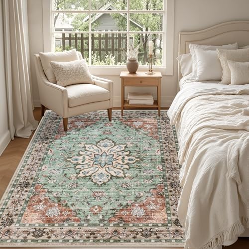 6x9 Area Rugs Living Room: Washable Rug for Bedroom Brown Green - Image 4