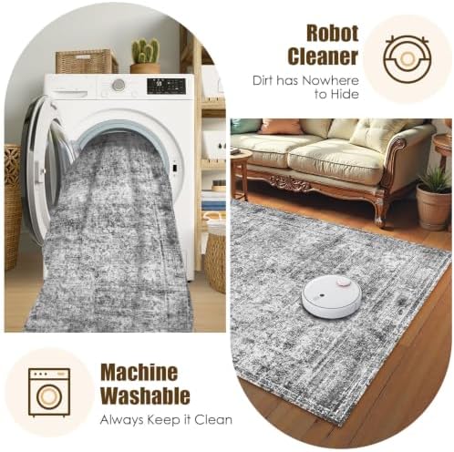 Washable Area Rug 5' x 7' Vintage Traditional Persian Mat - Foldable Distressed Non-Slip Machine Washable Carpet for Living Room Bedroom Kitchen Home Decor - Graphite and Mist - Image 7