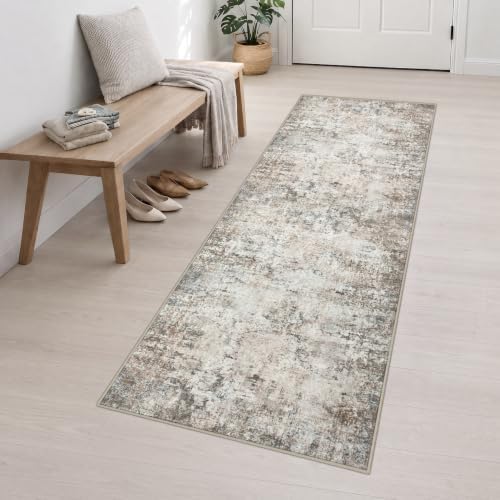 2.6x10 Washable Runner Rug:Modern Abstract Indoor Soft Carpet Brown - Image 3
