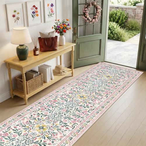 PLHXFR 3x10 Washable Runner Rug：Floral Indoor Kitchen Carpet Pink Green - Image 2