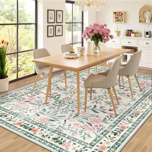PLHXFR 8x10 Area Rug Living Room: Floral Washable Boho Carpet Green Beige - Image 4