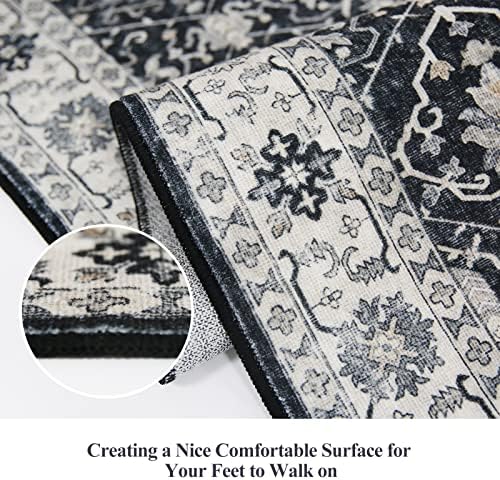 Hallway Washable Runner Rug - 2x10 Kitchen Rugs Entryway Rug Runner Vintage Soft Floor Mat Non Slip Indoor Farmhouse Carpet for Bathroom Living Room Bedroom(2 X 10, Black) - Image 4