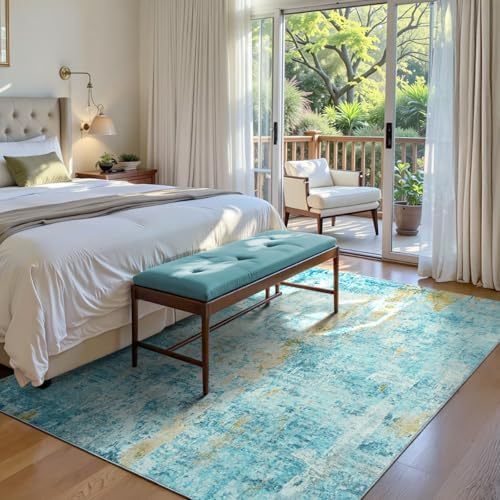 Ompaa Living Room Rug 5x7 Teal Blue Area Rug Machine Washable Boho Rug Non Slip Abstract Vintage Indoor Large Rugs for Bedroom, Classroom, College Dorm, Farmhouse, Dining Room, Kids Playroom - Image 2