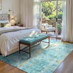 Area Rug 4x6 Teal Blue Rug Washable Boho Rugs Non Slip Low Pile Abstract Small Carpet for Entryway, Bedroom, Kitchen, Classroom, Kids Room, Office, Dorm, Dining Room - Image 2