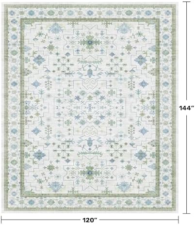 Hazo Haus Washable Rugs for Living Room 10x12 - Cream Blue and Green Oriental Floral Geometric, Low Pile Non Slip Extra Large Area Rug for Dining Under Table, Bedroom, Lounge - Image 2