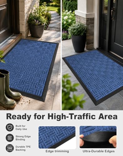 Mibao Front Door Mat Outdoor Entrance, 36" x 17" Heavy Duty Welcome Mat for Outdoor and Indoor, Waterproof Dirt Trapper Doormat, Super Absorbent Indoor Entryway Mat for Patio & Porch - Blue - Image 3