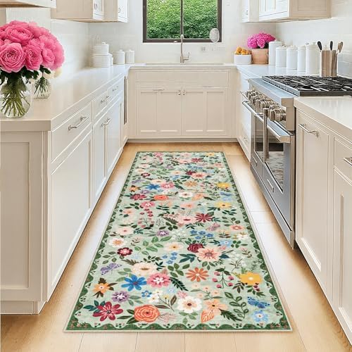 PLHXFR 2x6 Washable Runner Rug：Floral Indoor Kitchen Soft Carpet Green by PLHXFRSoftAreaRugs