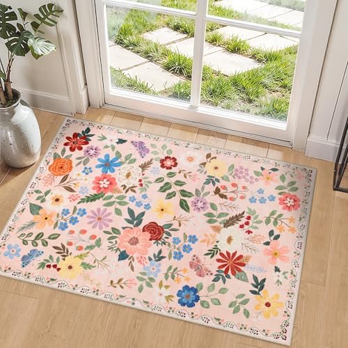 PLHXFR 2x3 Small Entryway Rug: Floral Washable Indoor Soft Carpet Beige by PLHXFRSoftAreaRugs