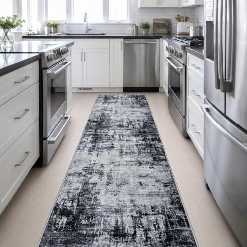 3x14 Washable Runner Rug：Modern Abstract Soft Carpet Dark Black - Image 5