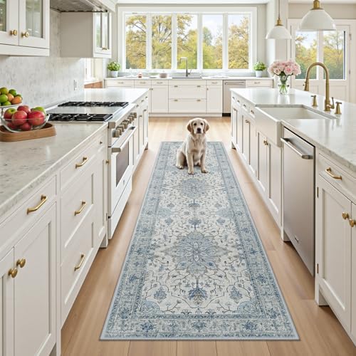 RELEANY Washable Area Rug, Runner 3'x9', Blue/White/Gray by RELEANY