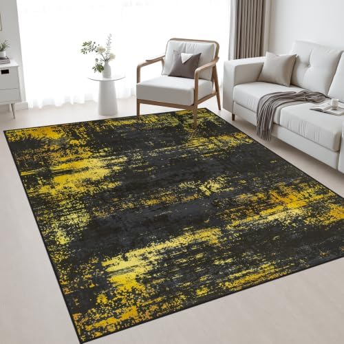 5x7 Area Rug Living Room: Modern Washable Soft Carpet Black Gold by FXRHLP