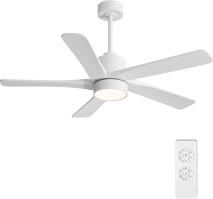 WINGBO 48 Inch DC Ceiling Fan with Lights and Remote Control, 5 Carved Solid Wood Blades, 6-Speed Noiseless Reversible DC Motor, Indoor Ceiling Fan in Gloss White Finish with White Blades