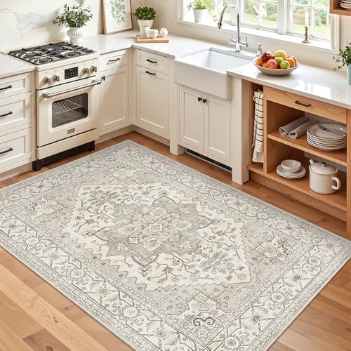 Madane Area Rug 4x6 Washable Rugs Vintage for Living Room, Beige/Brown - Image 3