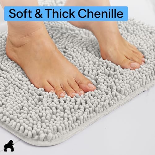 GORILLA GRIP Bath Rug Mat for Bathroom, Absorbent Chenille 30x20 Light Gray - Image 4