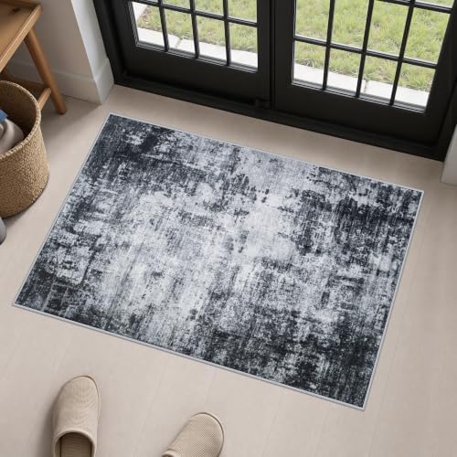 2x3 Washable Entryway Rug: Modern Abstract Soft Carpet Dark Black by FXRHLP