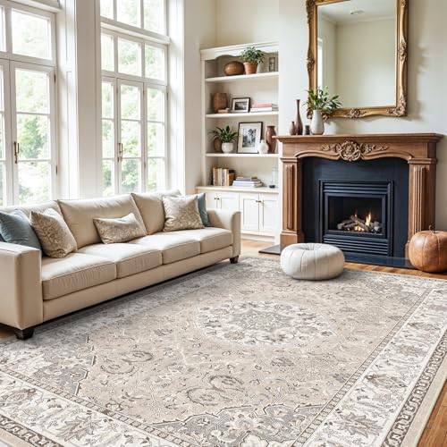 10x14 Washable Vintage Area Rug - Large Rugs for Living Room Soft Stain Resistant Carpet with Non-Slip Backing Low Pile Water Resistant Rug for King Size Bed Pet Friendly Home Decor Mat(10x14 Beige) - Image 4